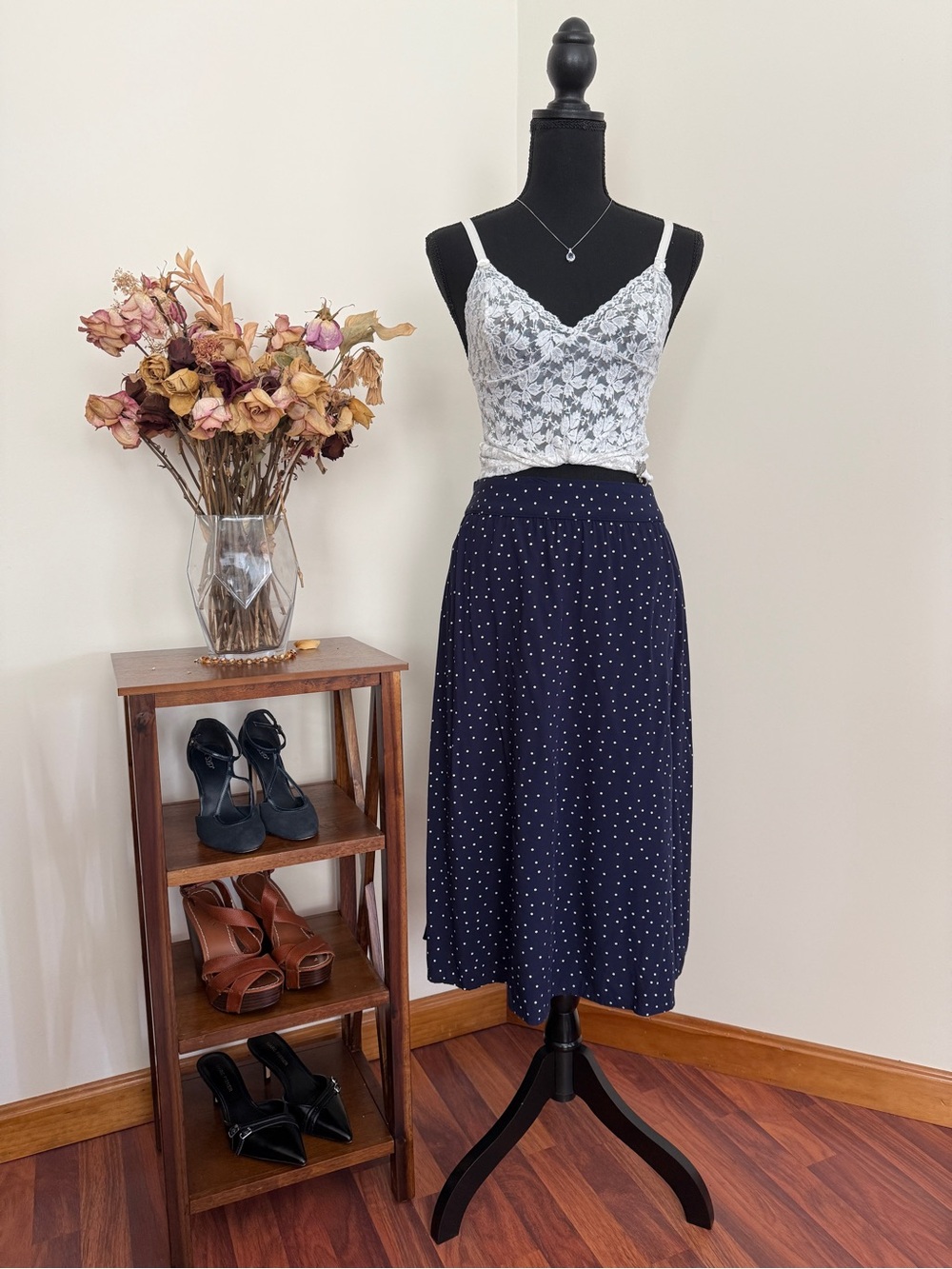 Romantic Classy Navy & White Polka Dot Skirt | Sz. Large